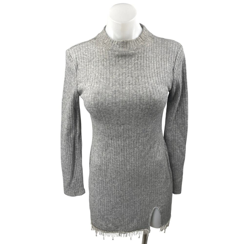 Zara Gray Rib Knit Jeweled Rhinestone Fringe Long Sleeve Mini Bodycon Dress Sz M